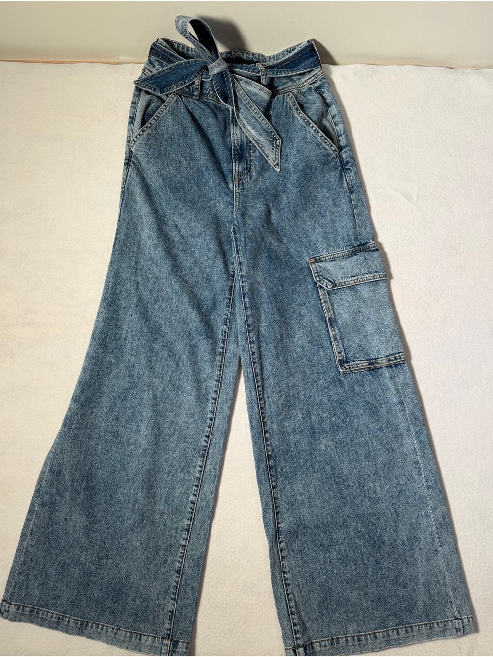 Veronica Beard Wide Leg Cargo Jeans with Tie-Waist - Light Blue